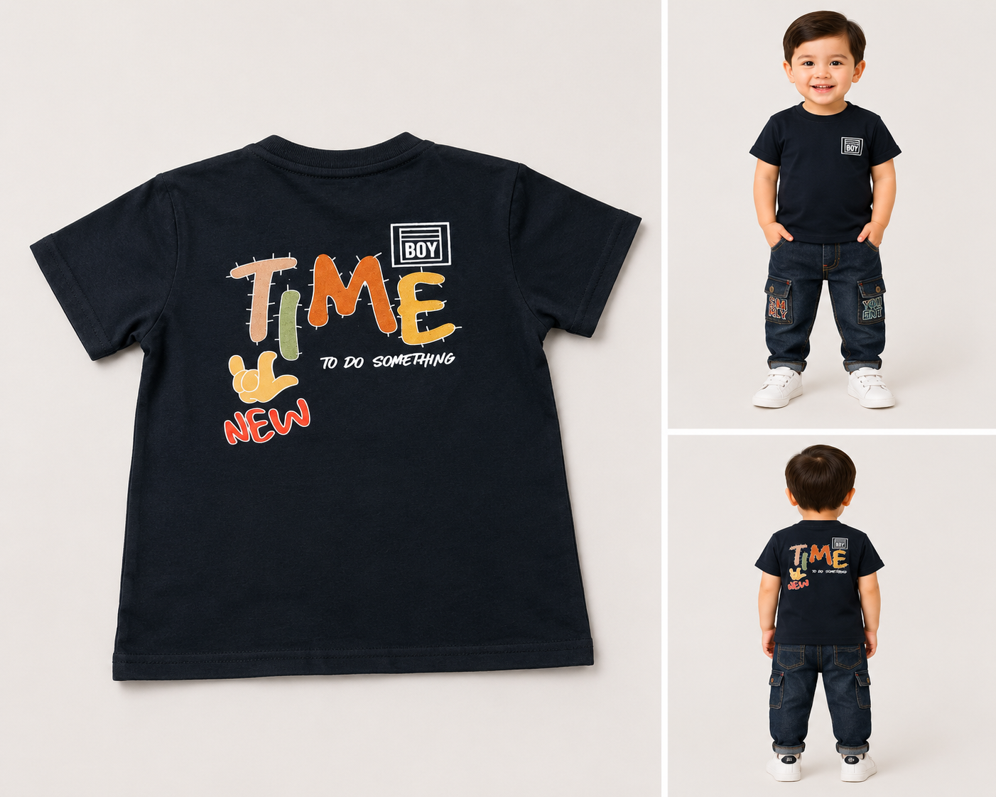Kids Black Front & Back Print Stencil Cotton T-Shirt | Round Neck Half Sleeve Graphic Tee